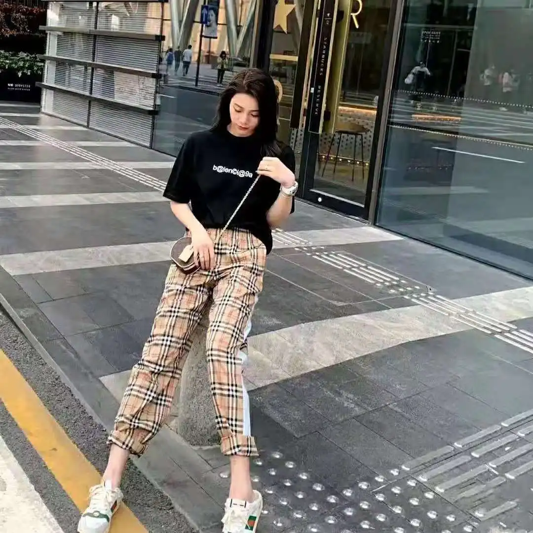 

2021A Aew Product Ladies Cotton Plaid Trousers British Summer/Spring And Autumn Models Elastic Tie Casual Sports Loose Trousers