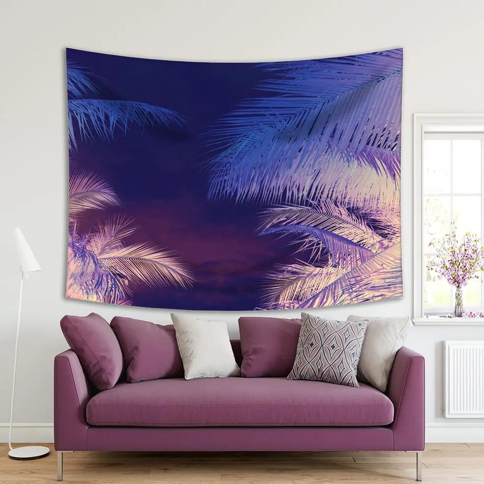 

Tapestry Palm Tree Branches Leaves Against Sky Tropical Coast Stylized Photo Printed Blue Purple