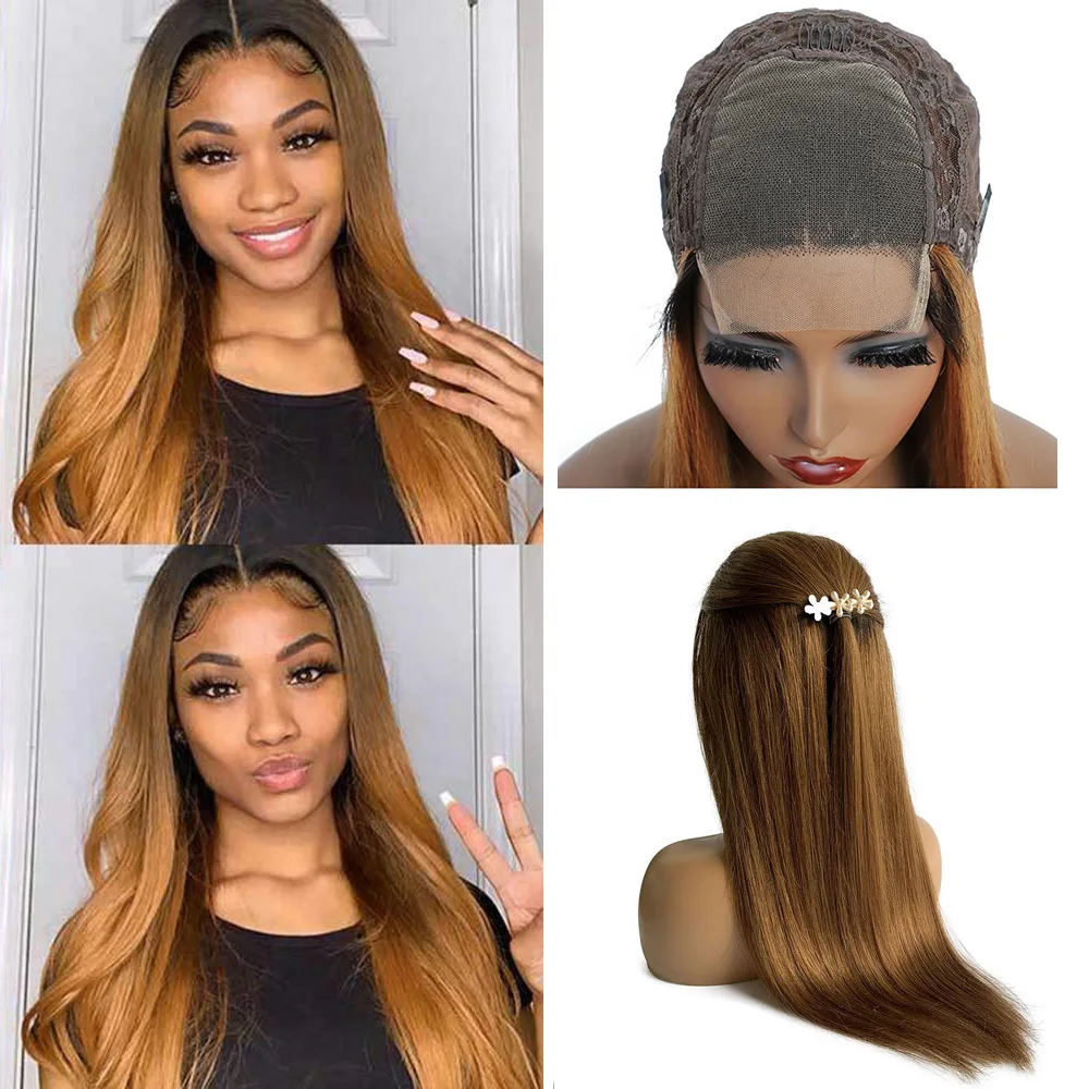 

Ombre Brown Lace Front Wig 150% Density 4x4 Lace Closure Wig Straight Glueless Free Part Frontal Human Hair Wig With Baby Hair