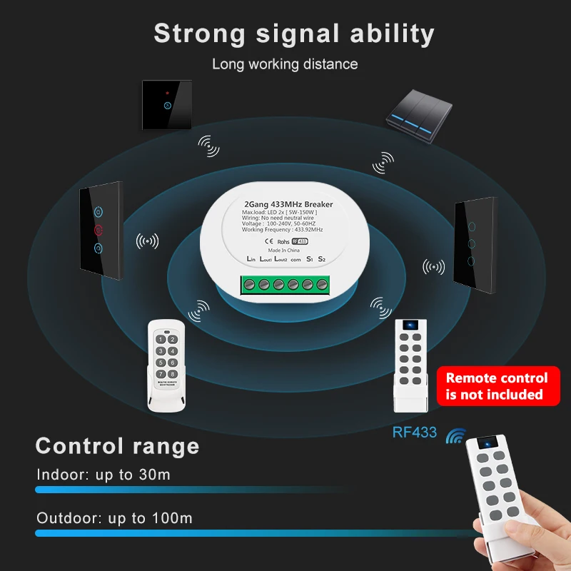 Без нейтрального провода 1/2 Gang 2 Way RF 433MHZ Switch Light Smart Wireless Module Home Electric Control Wall On Off Breaker