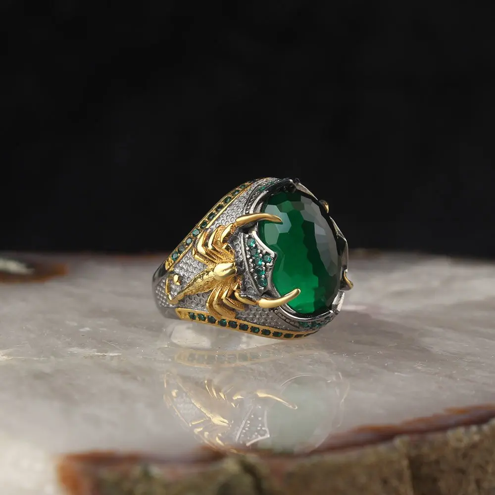 

Scorpion Ring Sterling Silver Mens Ring with Oval Green Emerald Gemstone Handmade Vintage Ring Birthday Gifts Gifts for Dad