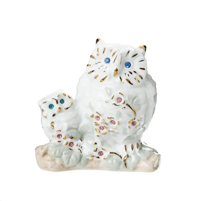 Сувенир керамика Белый филин с совёнком золотом стразы 10 7 см | Дом и сад