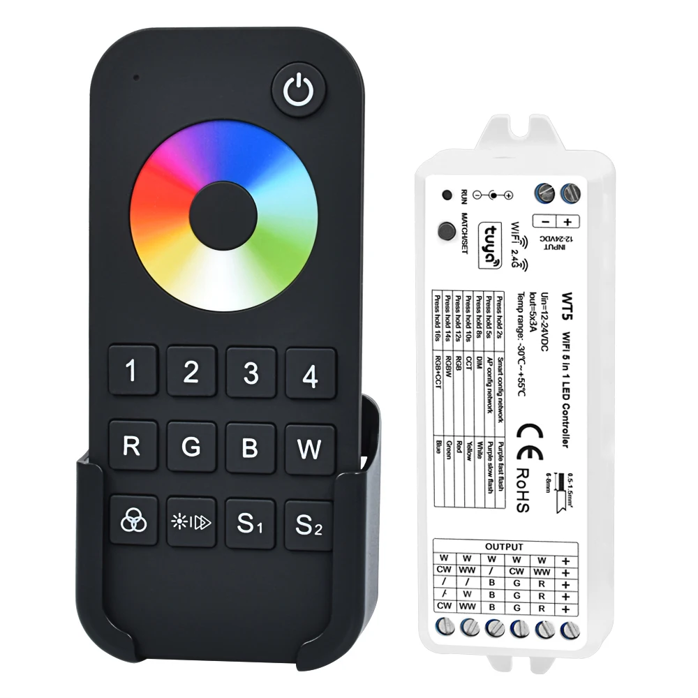 

Светодиодный контроллер Tuya app WT5 WIFI для светодиодной ленты RGB/RGBW с беспроводным пультом дистанционного управления RT9 4 зоны