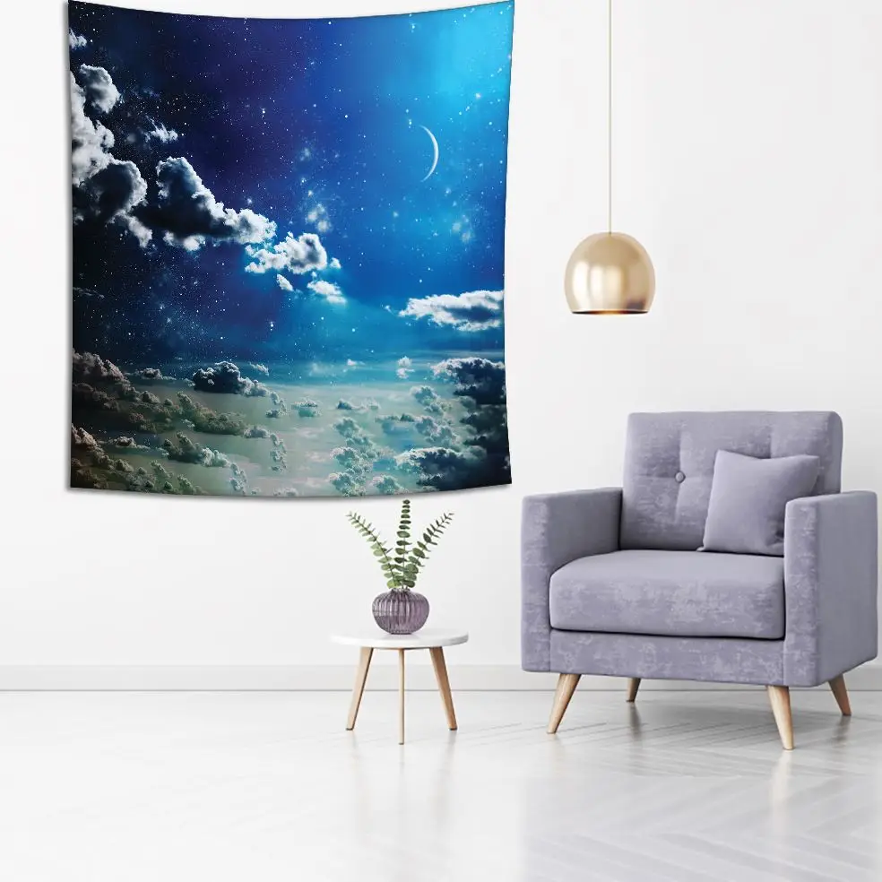 Гобелен вечерний полумесяц сияющие звезды в облачном небе отражение лунного