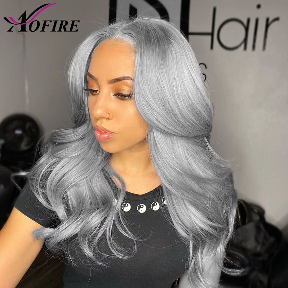 Grey Body Wave Human Hair Wigs For Women HD Transparent Lace Frontal Wig Silver Front 200 Density | Шиньоны и парики