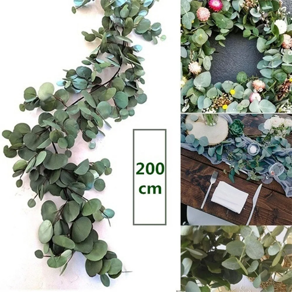 

2M Encryption Artificial Fake Eucalyptus Garland Willow Green Long Leaf Plants Artificial Plants Ivy Wreath Wall Decor Wedding