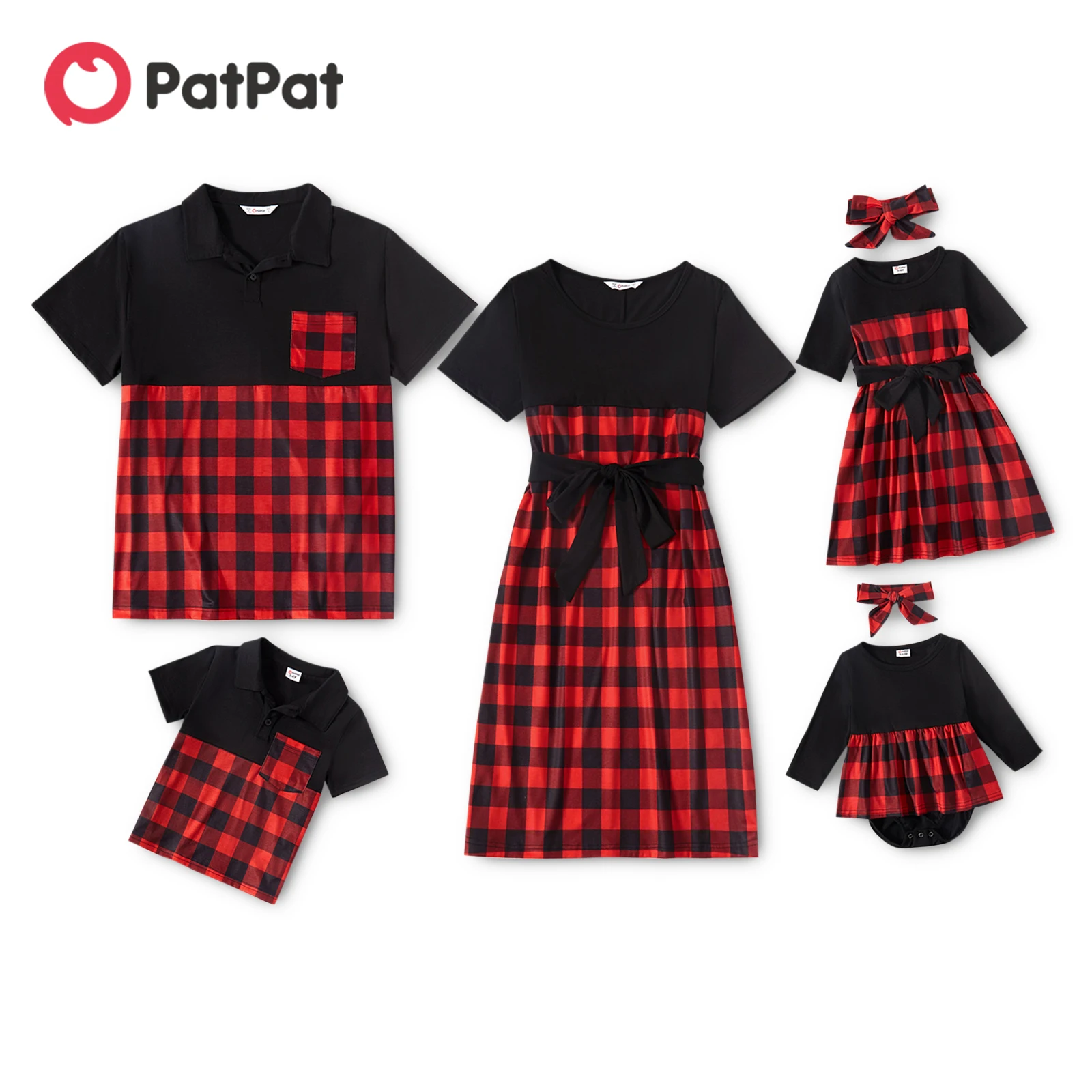 

PatPat Family Matching Red Plaid Splicing Short-sleeve Belted Dresses and Polo Shirts Sets