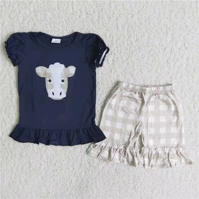 

new style baby girl clothing set short sleeve print top and grey plaid shorts 2 piece suit toddler girl clothing set