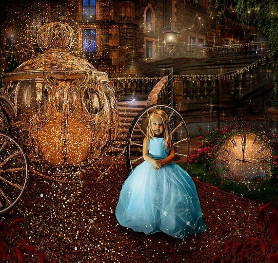 Фон для детской фотосъемки с изображением Золушки золотой кареты часов синего
