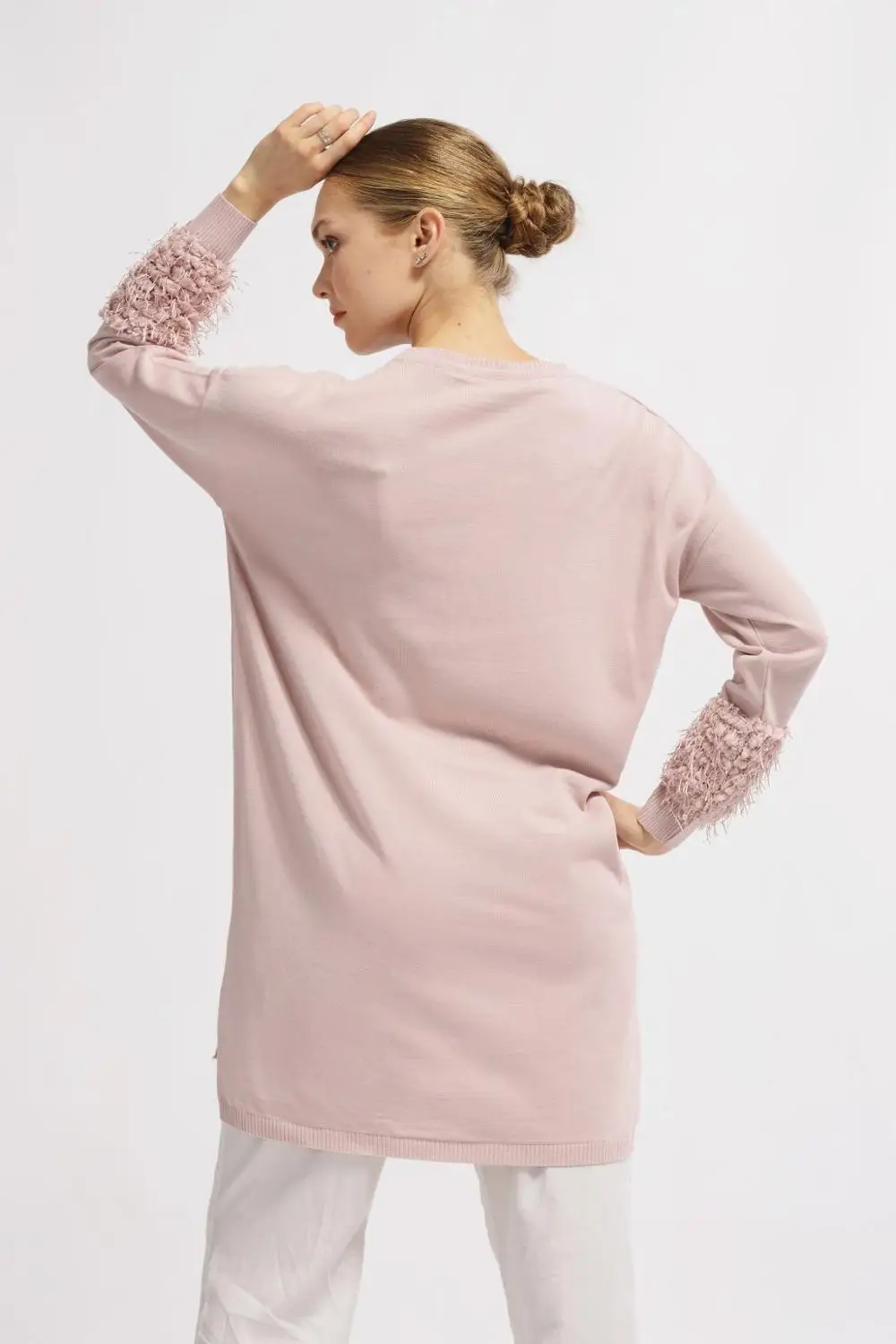 

2020 Fashion Women Pellush Pattern on Cuffs Sweater Tunic Knitwear Winter Autumn Pink White Brown Black