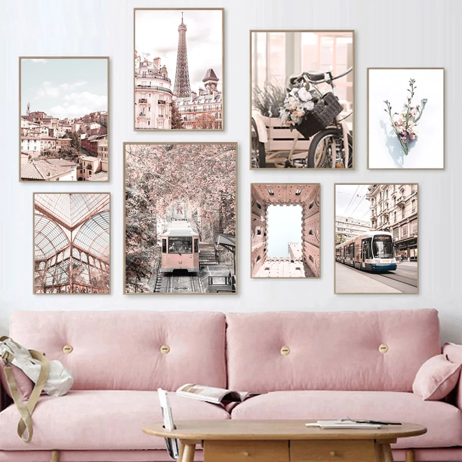 

Pink Street Landscape Nordic Posters Paris Tower Tram House Flower Wall Art Canvas Painting Wall Pictures For Living Room Decor