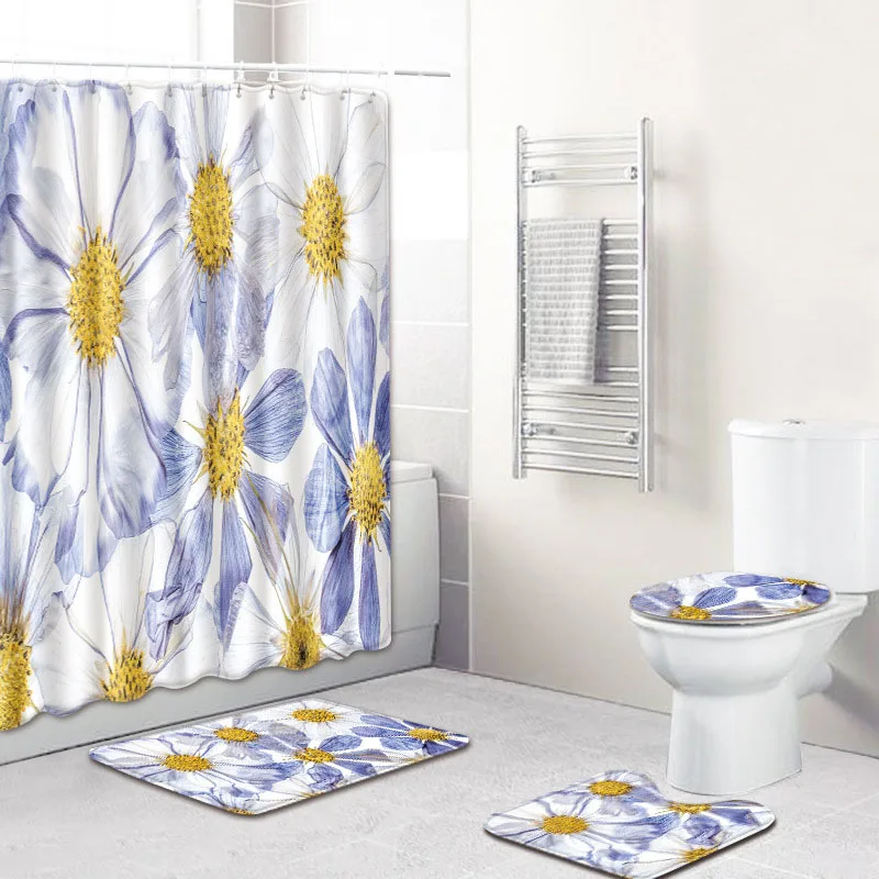 4pcs/set Flower Print Shower Curtain Bath Mat Waterproof Polyester Bathroom Fabric Pedestal Rug Lid Toilet Cover Pad Hook | Дом и сад