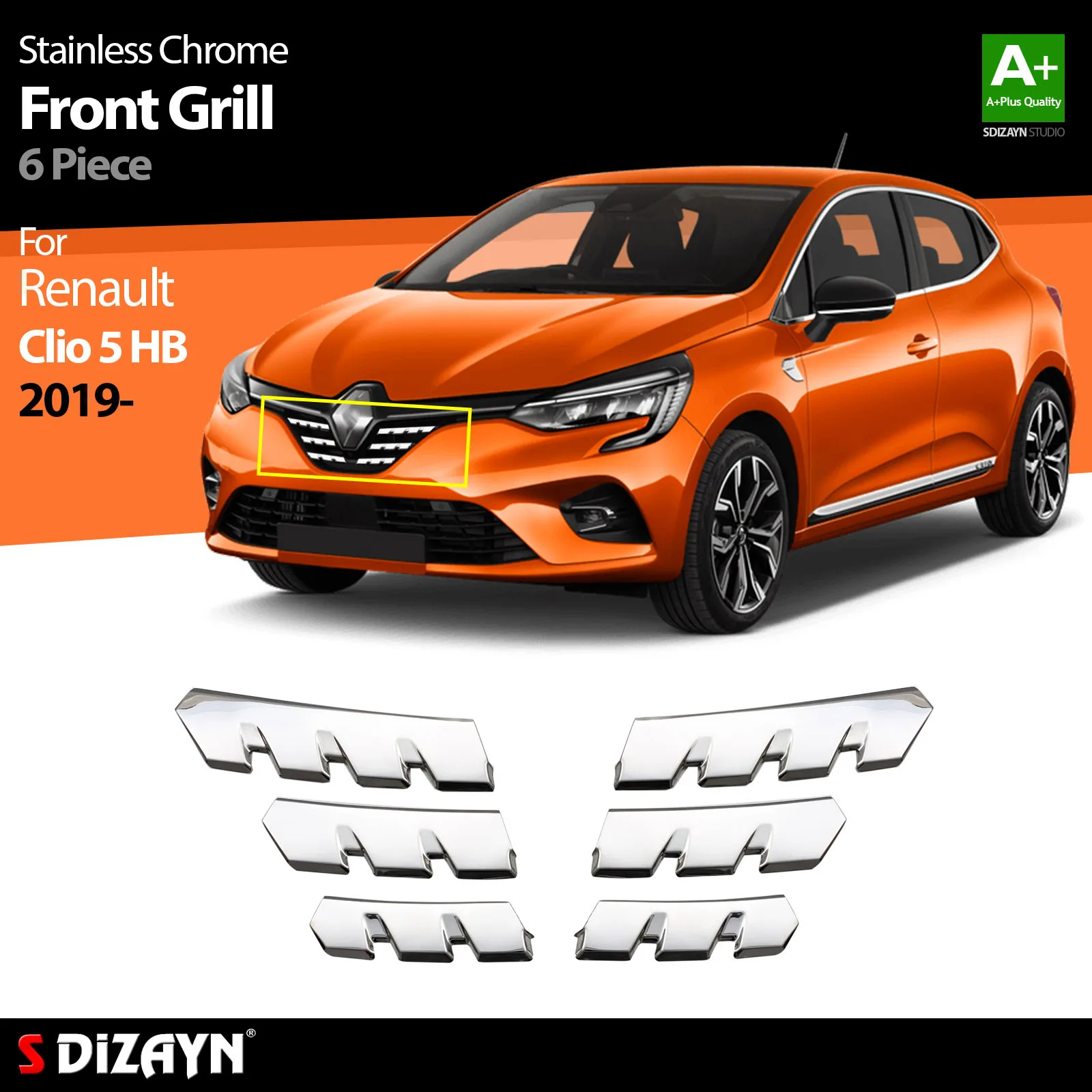 

S Dizayn For Renault Clio 5 Chrome Front Grill Stainless Steel 6 Pcs Exterior Car Accessories Parts Auto Products Stickers