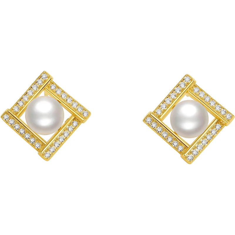 

Pure S925 Silver Earrings Women 7mm Round Pearl Square Stud Earrings