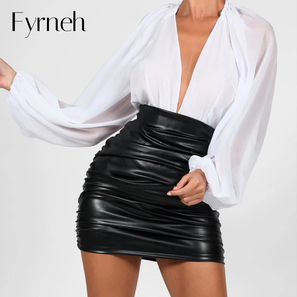 

Fyrneh Sexy PU High-waisted Black Skirt Elegant Woman Clothes Mini Pleated Ruched Skirts Shorts Vacation Daily Outfits