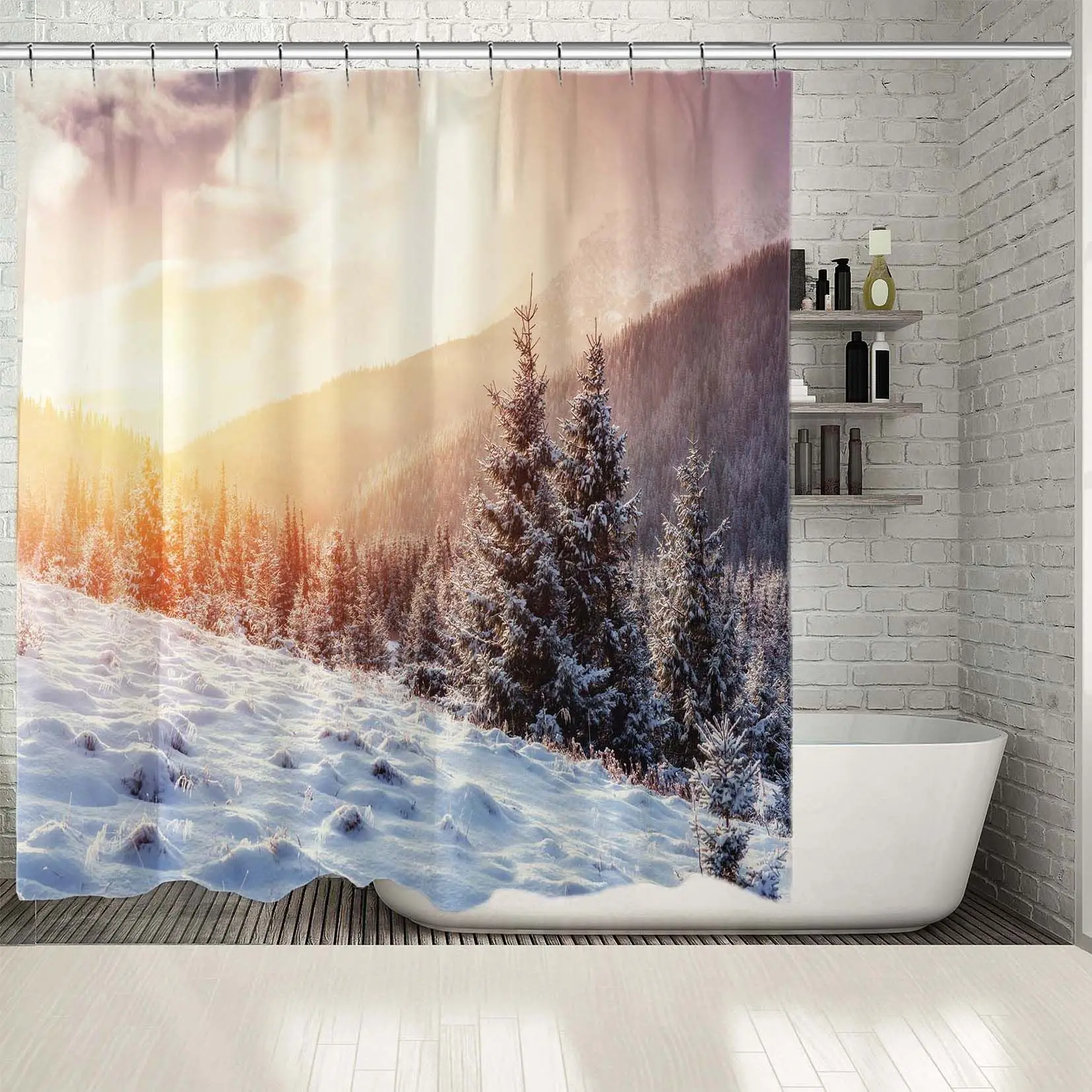 Занавески для душа таинственный зимний пейзаж Карпатской области Украина Закат