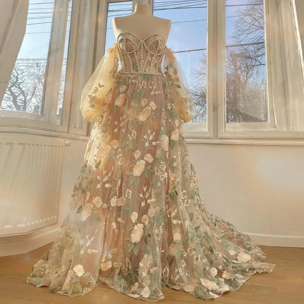 

Off Shoulder Long Evening Dresses Long Sleeve Floral Dress Pearls Prom Dress With Long Train Elegant Dresses For Women Customize