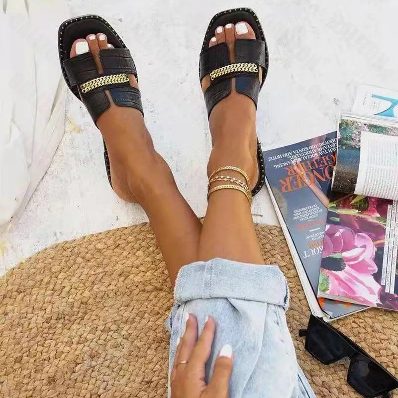 

Classic Designer New 2021 Women Flat Flip Flops Double Chain Sandal Slippers Shoes Women Lady Flats Slippers Sandals Shoes Woman