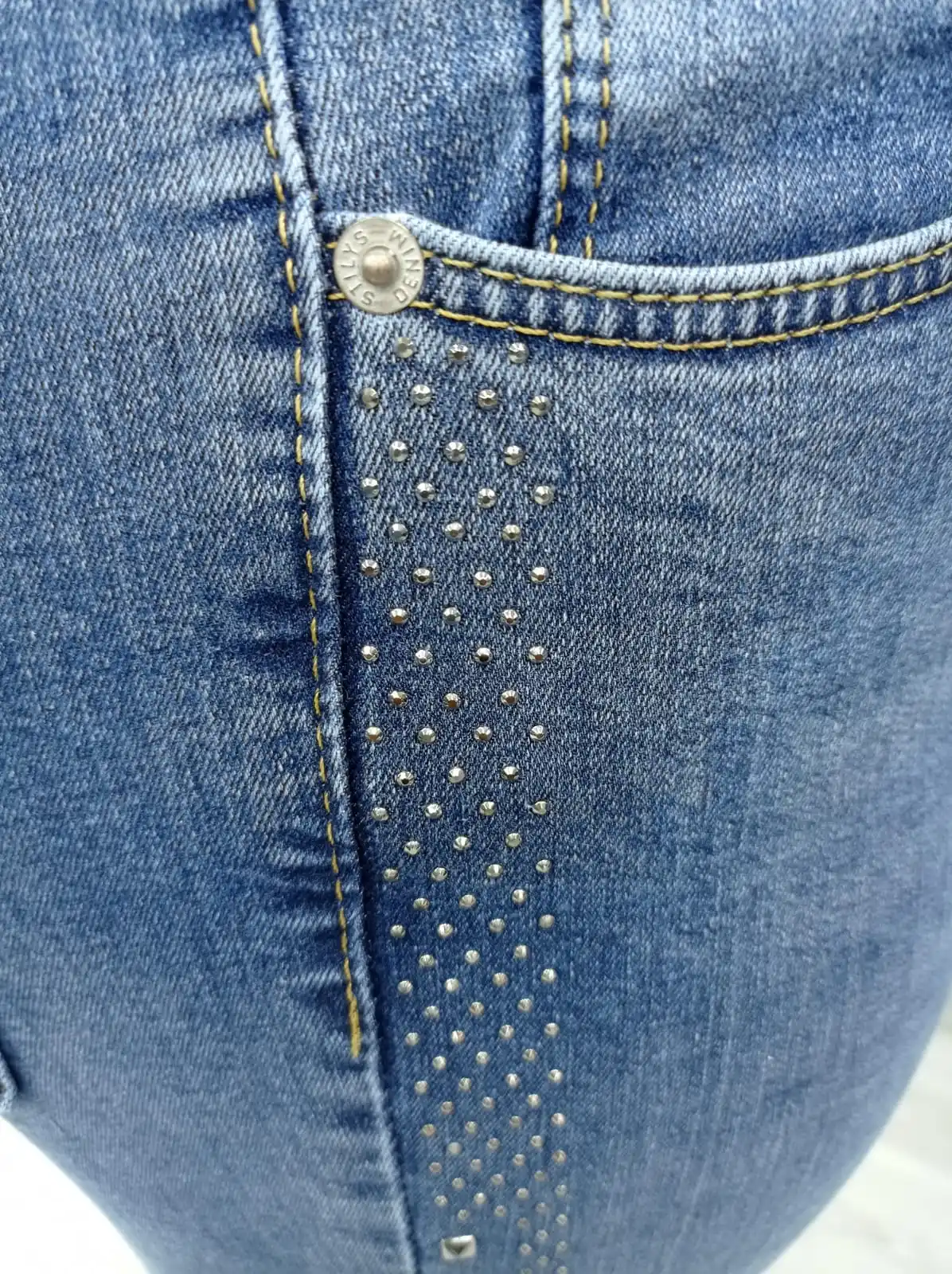 Diaves Women Plus Size High Waist Skinny Pearl Stone Pattern Detailed Blue Jeans