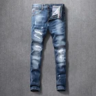 Модные мужские джинсы в итальянском стиле, высококачественные Синие рваные джинсовые длинные брюки в стиле ретро, эластичные облегающие винтажные дизайнерские брюки для мужчин