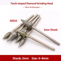 2pc 4 8mm diamond grinding head 3mmshank 60grit drill bits burrs torch shaped for jade marble stone glass rotary carving tools