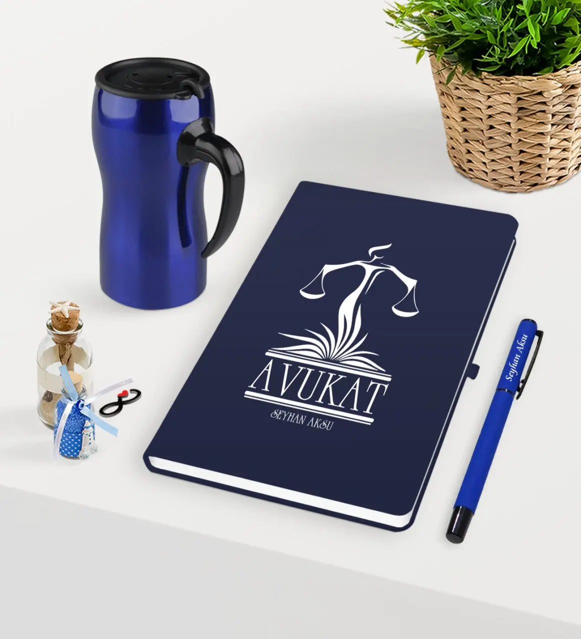 

Personalized Attorney Themed Navy Blue Notebook Pen and Thermos Mug Set-5