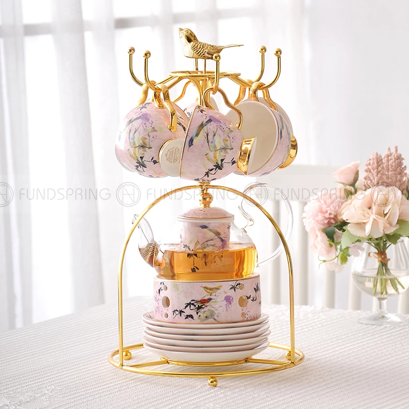 

European-style Ceramic Tea Set Bone China Teapot Candle Holder Cups And Saucers Set Of 15 Pink