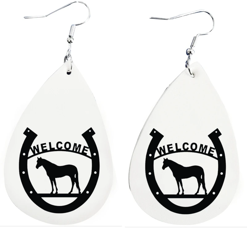 

Horse Head & Horseshoe Earrings For Girl - Faux Leather Teardrop Earrings Doubl Imprint Stock Wholesale