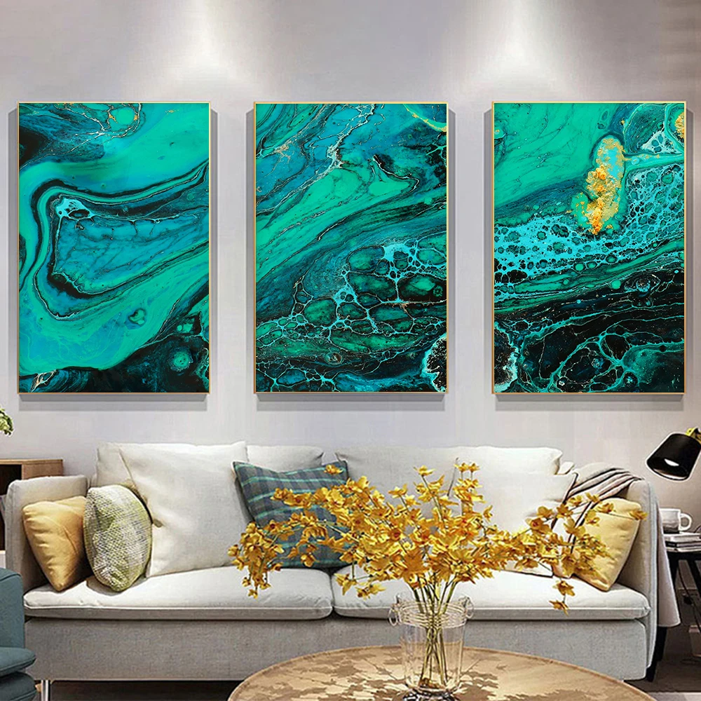 

Aquamarine Marble Abstract Poster Green Canvas Painting Fashion Art Print Modern Shapes Wall Picture For Living Room Home Decor