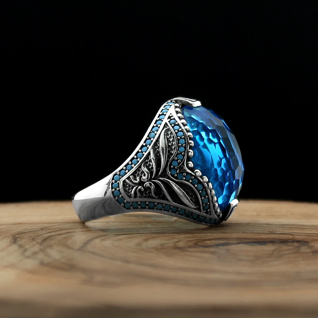 Style turc pur véritable argent Sterling 925 bague en pierre aigue-marine naturelle pour hommes femmes bijoux de haute qualité Punk rétro mode Vintage fait à la main cadeau Zircon Onyx Agate accessoire