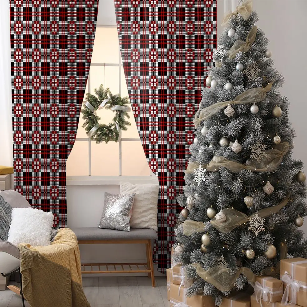 

Curtain Knitted Plaid Tartan Pattern Traditional Fabric Design Vintage Artwork Printed Red White