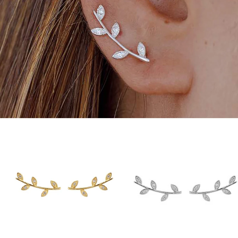 

CRMYA New Leaf shape Simple Cubic Zirconia Gold Silver Plated Crawler ear Climber Earrings For Women Wedding Jewelry Gift