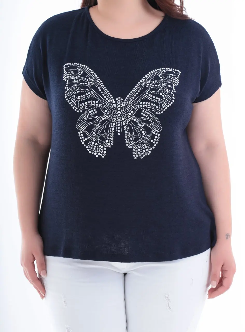 

Roxxlen Plus Size Women Clothing 2021 Summer Fashion Navy Blue Blouse With Butterfly