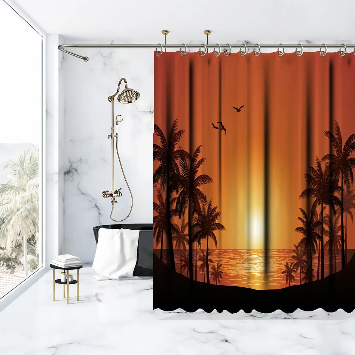 Занавеска для душа пальмовые деревья и чайки силуэт романтический Закат