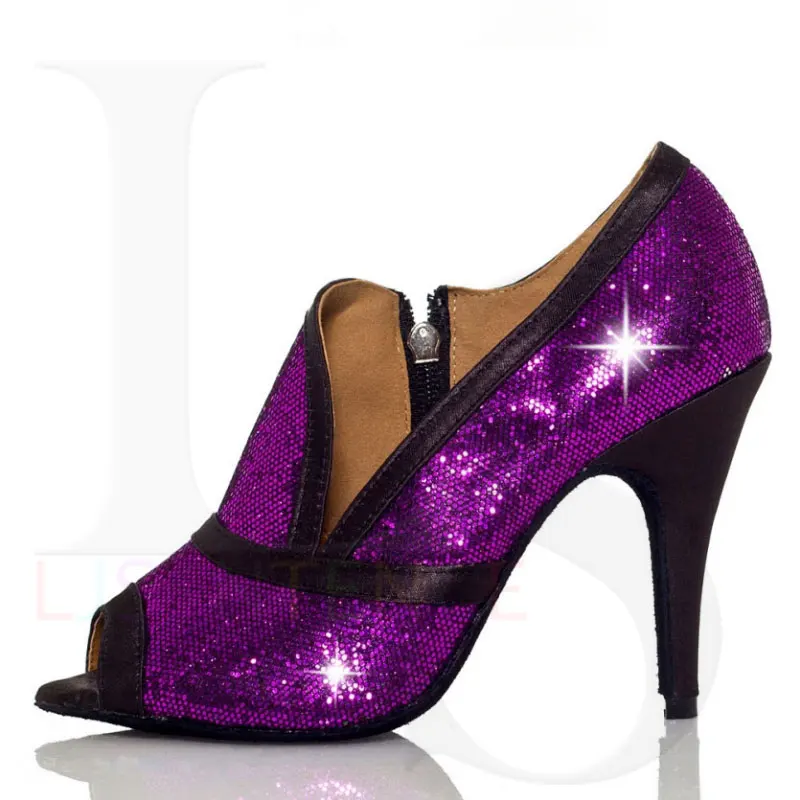 Фиолетовые женские туфли на молнии с блестками обувь для латинских бальных