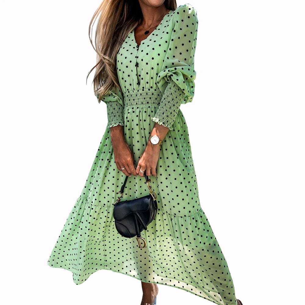 

New Fashion Woman Clothes Autumn Female Polka Dot Print Dress Three Quarter Mulheres V - Neck Long Vestido Casual Button Faldas