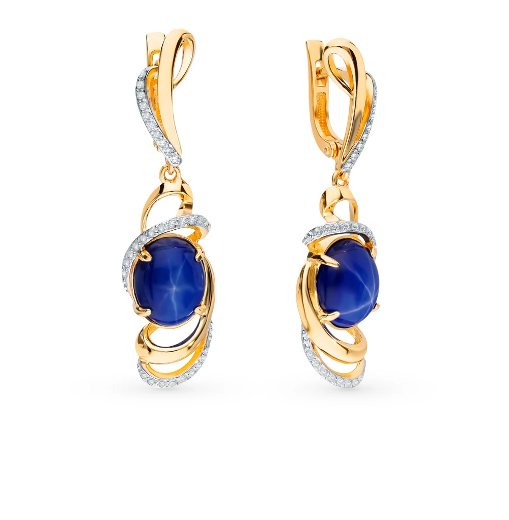 Золотые серьги с звездчатыми сапфирами и бриллиантами SUNLIGHT проба 585 | Украшения