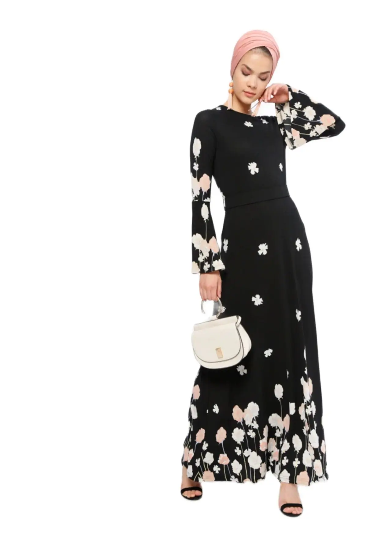 

2021 Black Patterned Dress For Women Hijab Long Sleeve Summer 100% Polyester Crew Neck Belted New Season Daily Fashıon Turkey