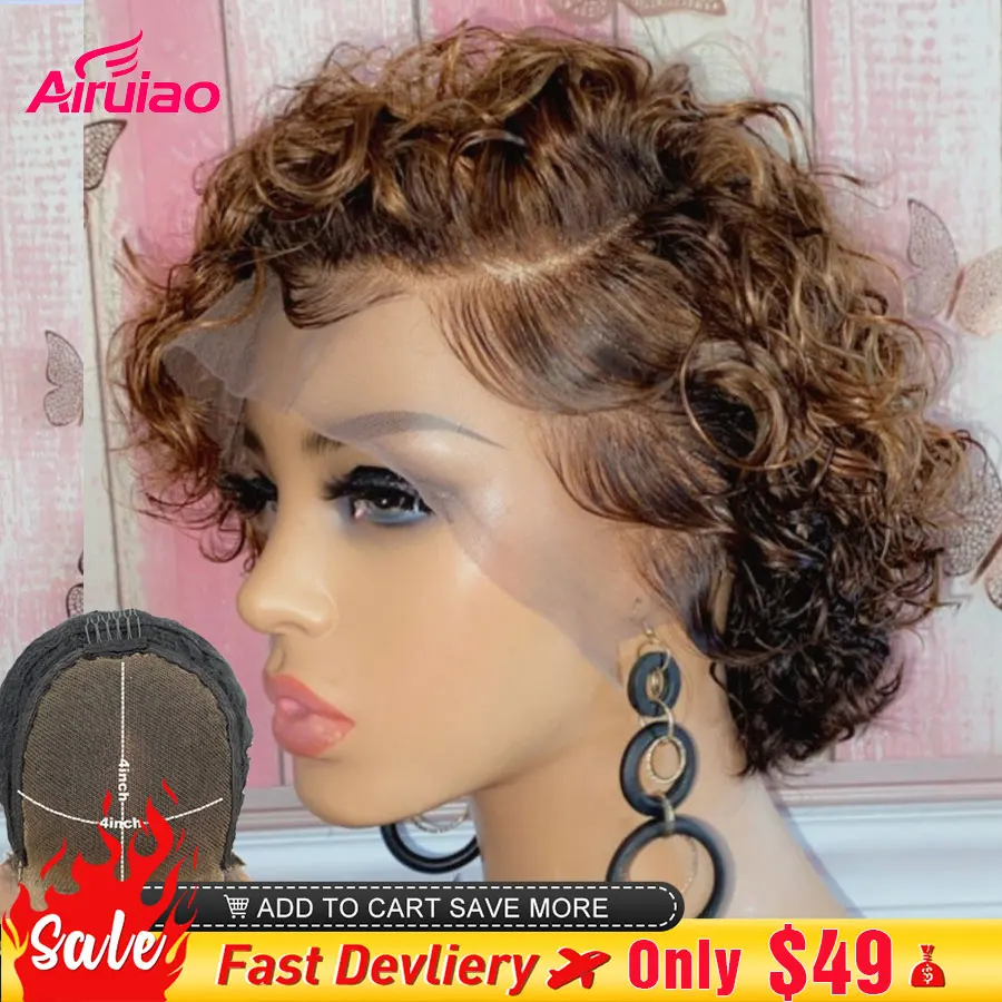 

Ombre Brown 4x4 Lace Closure Pixie Bob Short Cut Kinky Curly Lace Frontal Human Hair Wigs Honey Blonde Colored Front Wig Woman