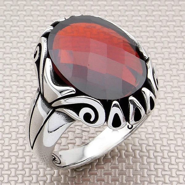 

Slim Design with Drop Pattern Red Zircon Gemstone Men Ring 925 Sterling Silver Jewellery Handmade Ring Natural Gemstone Ring