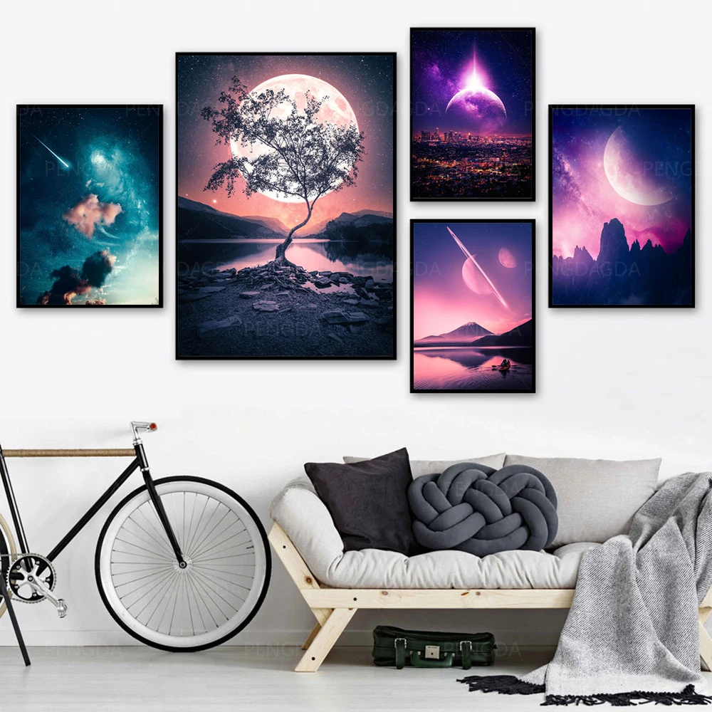 

Hd Prints Night Landscape Canvas Painting Wall Art Sky Planet Poster Home Decor For Bedside Background Modular Pictures No Frame