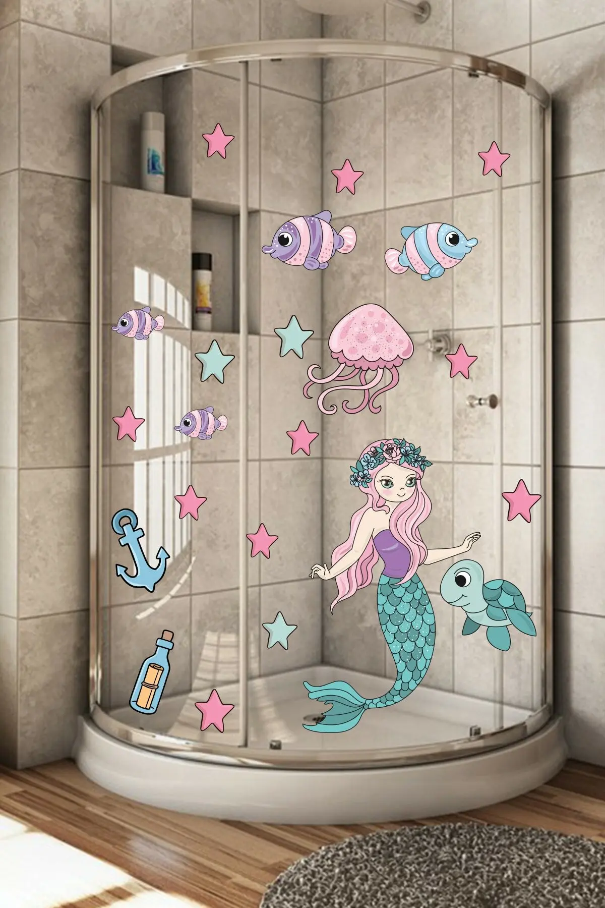 

Deniz Kızı Balıklar Yıldızlar Duşa kabin Ve Duvar Sticker Seti Kendinden Yapışkanlı Trend Bebek Çocuk odası dekorasyon
