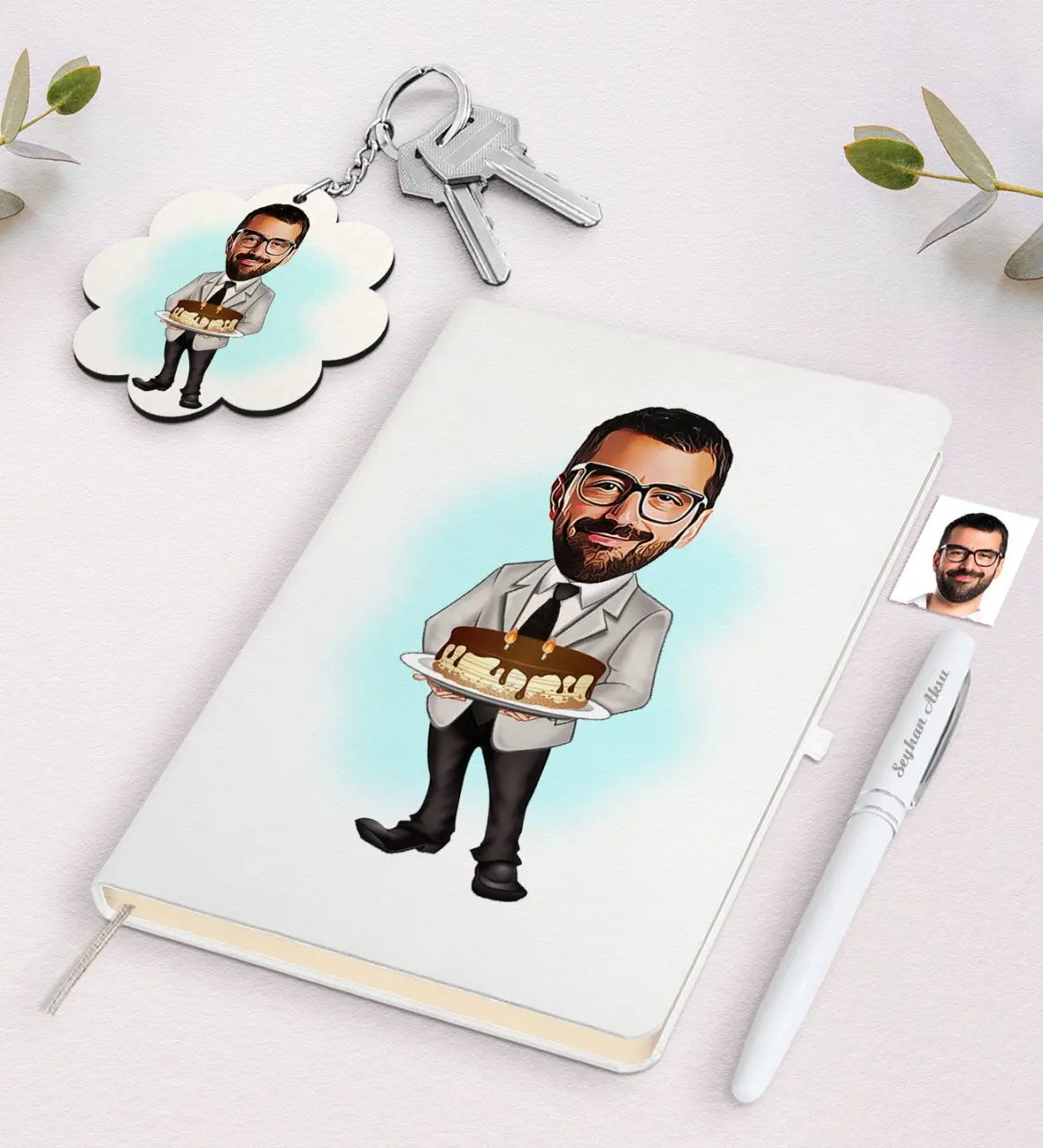 

Personalized Boys Birthday Caricature Of White Notebook pen And Keychain Gift Seti-3 Reliable Quality Gift Everyday moment
