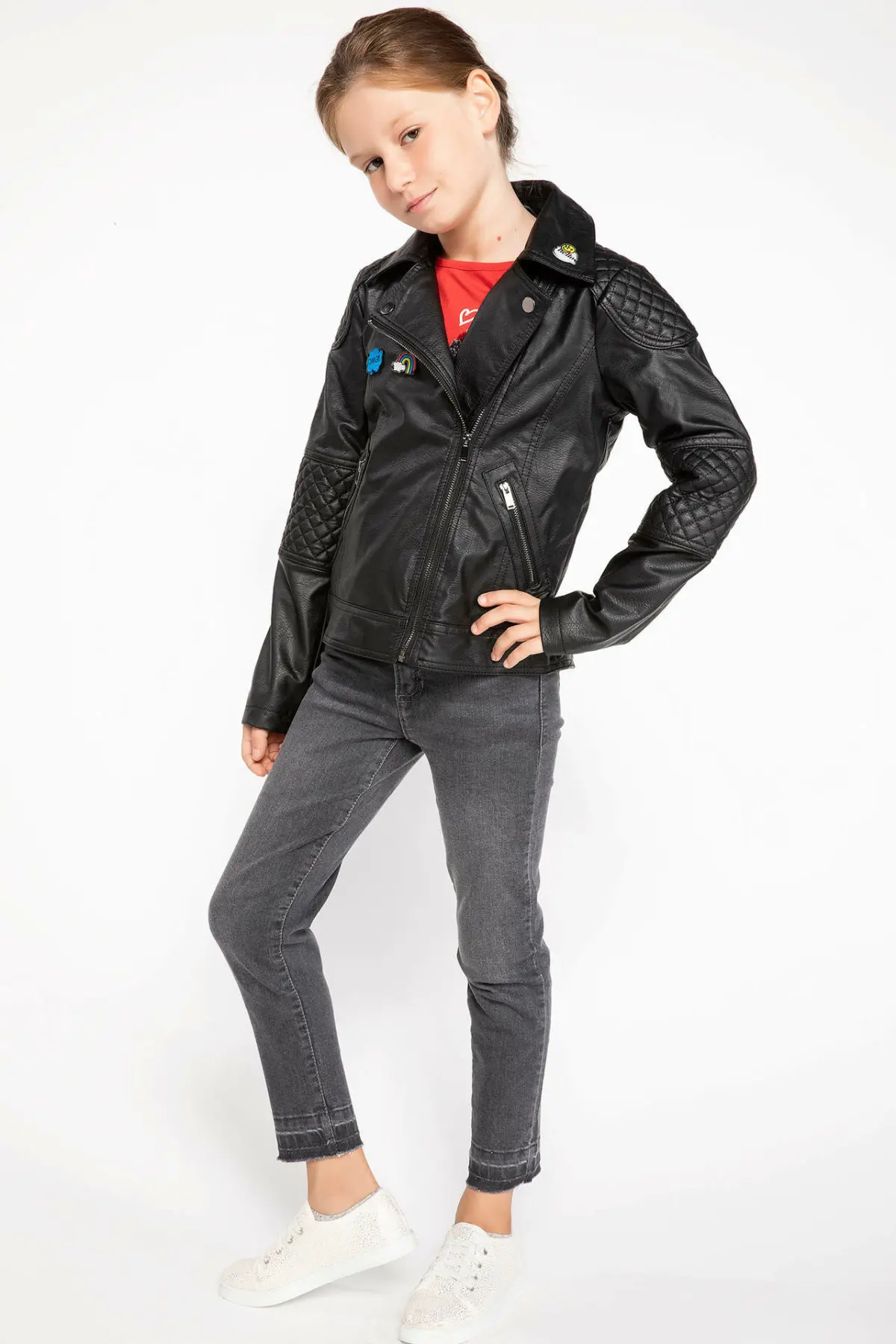 DeFacto модное черное пальто из искусственной кожи на молнии с воротником лацканами