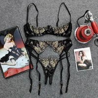 ultra thin push up bra crotchless panty set french vintage women intimates embroidery cupless bras lingerie with garters sets