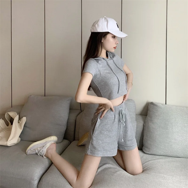 Solid Women Hooded Top Shorts Matching Sets Summer Casual Loose Sportswear Female False Two Clothes Suit Patchwork Hoodie Outfit
