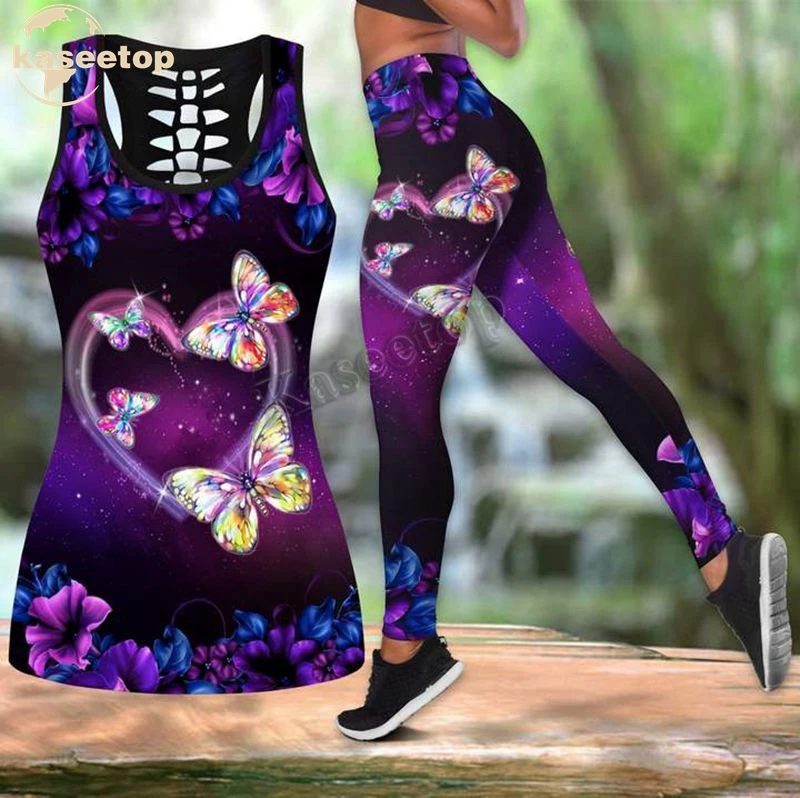 

Kaseetop Beautiful Butterfly Two Piece Yoga Set Women 3D Print Vest Hollow Out Hollow Tank & Legging Outfit Summer Casual LK14