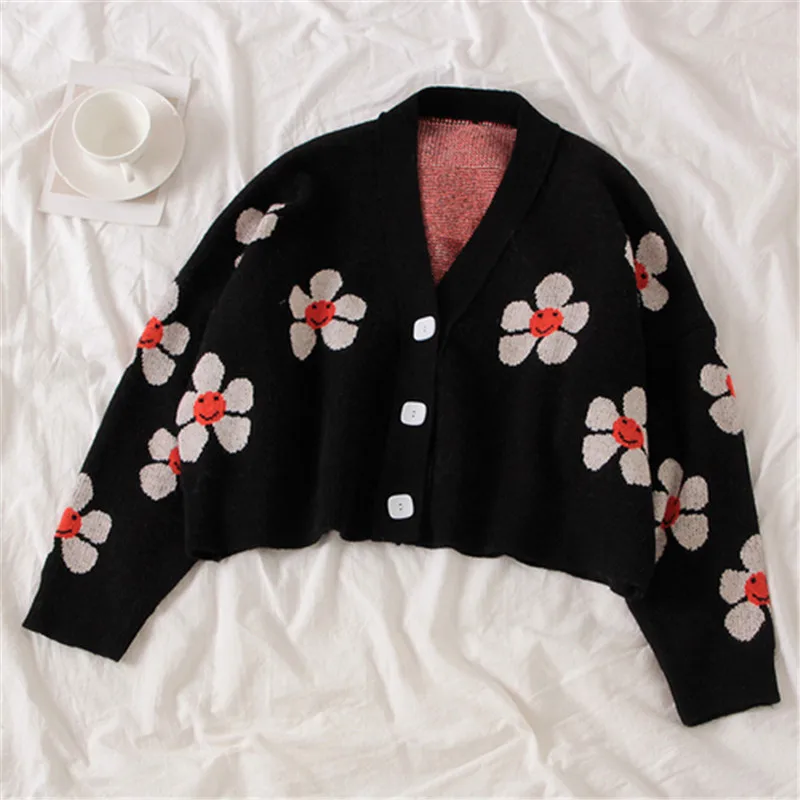 

Preppy Style Flower Knit Cardigans Sweater Women V Neck Loose Elegaht Thicked Pull Femme Print Short Casual Coat 2021 Drop Ship