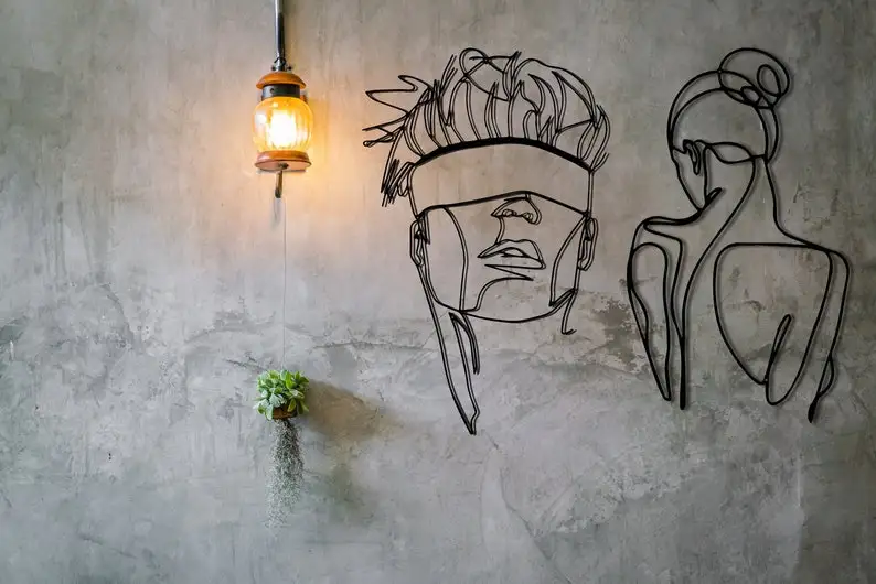 Arte de pared de l&iacute;nea, arte de pared de Metal de cara abstracta, 2 juegos, arte minimalista, decoraci&oacute;n de pared de Metal geom&eacute;trico, decoraci&oacute;n de interiores, geom&eacute;trico-4