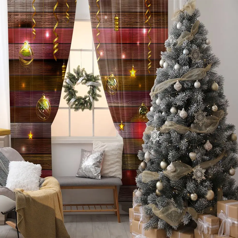 

Curtain Golden Stars Baubles Hanging In Front Of Wooden Wall Holiday Celebration Festive Theme Yellow Red Brown